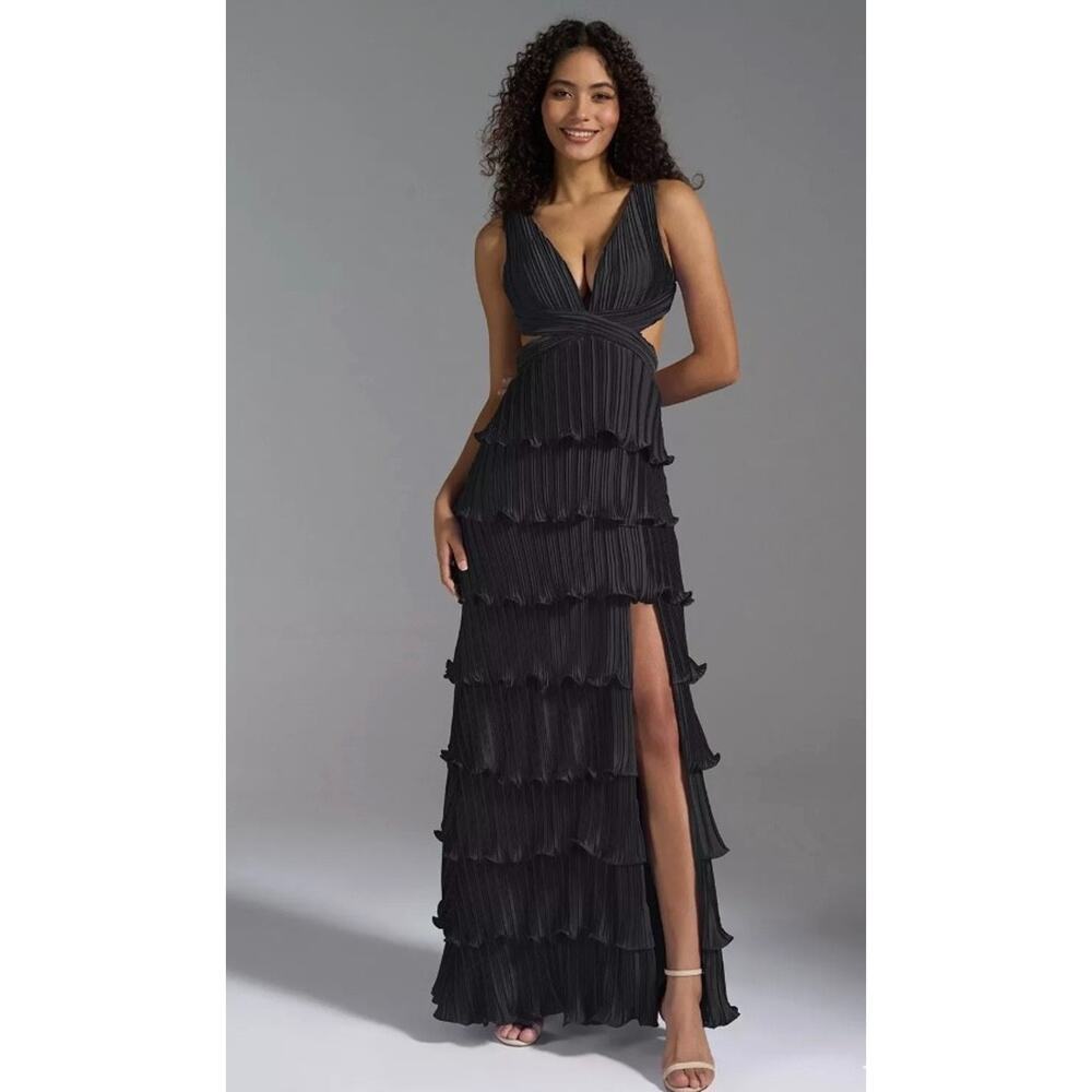 New! AW Black Tiered Pleated Strappy Corset Back Cut Out Formal Gown Prom Sz 0